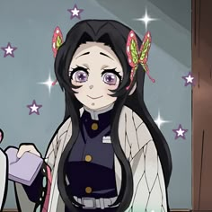 an anime character with long black hair and purple eyes holding a pink object in her hand