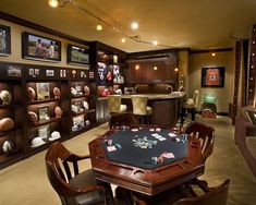 a room filled with lots of wooden furniture and shelves full of baseball memorabilia on display