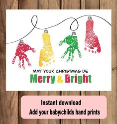 christmas card with three hand prints and the words merry and bright on it, hanging from a string