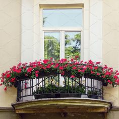 a balcony with flowers on the balconies and an open window in the background