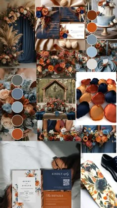 a collage of different colors and designs for an autumn wedding with oranges, blues, and browns