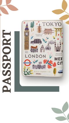 the london passport case is shown with flowers and trees on it, along with an image of