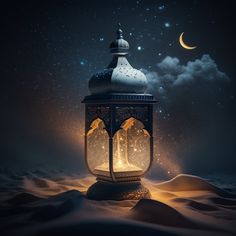 an illuminated lantern in the middle of desert at night with stars and moon above it