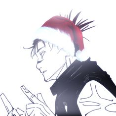 a drawing of a man wearing a santa hat and holding a cell phone in his hand