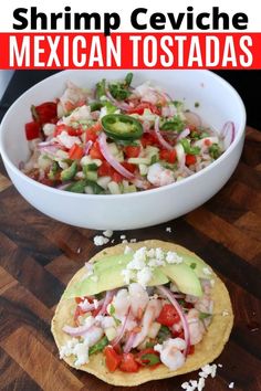 shrimp ceviche mexican tostadas with avocado and tomatoes in a white bowl