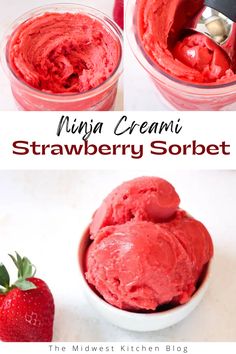 two pictures of strawberry ice cream and strawberries