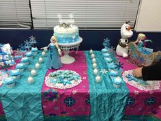 the table is decorated with blue and pink decorations