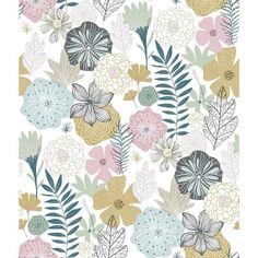 a floral wallpaper with many different flowers and leaves in pastel colors on a white background