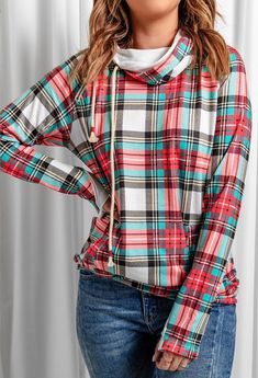 This cute hoodie is made from a soft jersey knit material and has a true to size fit. 95% polyester, 5% spandex. Cowl neck. Small - 0/2-3/4, Medium - 5/6-7/8, Large - 9/10-11/12 Plaid Hoodie, Cute Hoodie, Plus Size Hoodies, Hooded Top, Solid Color Shirt, Neck Hoodie, Plaid Fashion, Hooded Tops, Plaid Jacket