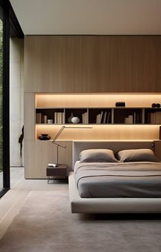 a bedroom with a bed, bookcases and large glass doors leading to the outside