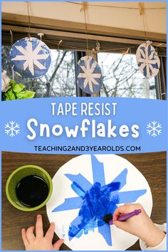 kids are making snowflakes out of paper and glue on a plate with the words tape resist