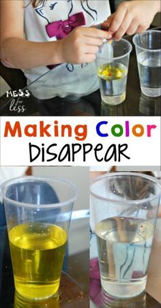 making color disapear for kids with water, oil and liquid in plastic cups