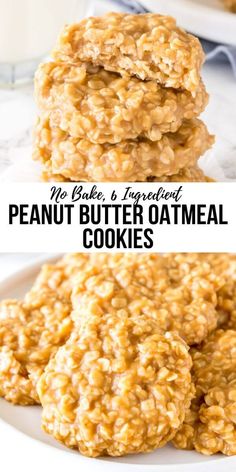 no bake peanut butter oatmeal cookies stacked on top of each other