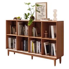 a book shelf with books and plants on it