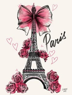 an image of the eiffel tower with pink roses on it's side