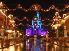 the castle is lit up with christmas lights