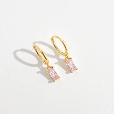 Pink Rectangle Huggies in Gold | Flaire & Co. Pink Sterling Silver Jewelry, Tarnish Resistant, Dainty Pink Gold Jewelry For Everyday, Pink Gold-plated Jewelry Tarnish Resistant, Pink Tarnish Resistant Gold Plated Jewelry, Pink Gold-plated Tarnish-resistant Jewelry, Pink Tarnish-resistant Gold-plated Jewelry, Tarnish Resistant Pink Gold Plated Jewelry, Pink Dainty Huggie Jewelry, Hypoallergenic Pink Gold Jewelry For Gift