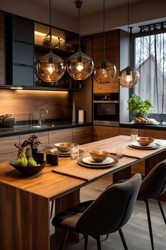 modern kitchen with wooden table and hanging glass globes over the countertop, surrounded by black chairs