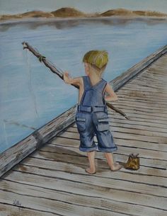 a painting of a little boy on a dock with a fishing rod and a cat