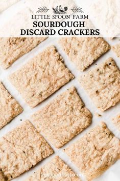 some crackers that are cut into squares and placed on top of each other with the words, little spoon farm sourdough disord crackers