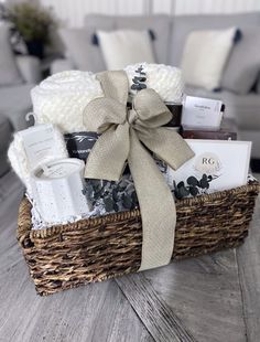 a basket filled with items sitting on top of a wooden table