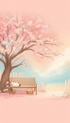 a painting of a person sleeping on a bench in front of a blossoming tree