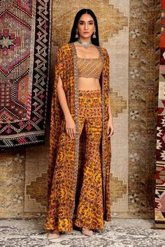 Shop for Ridhima Bhasin Yellow Georgette Floral Print Cape And Pant Set for Women Online at Aza Fashions Embroidered Skirt Outfit, Types Of Clothing Styles, Ridhima Bhasin, Suits 2023, Jass Manak, Cape Set, Lehenga Blouse Designs, Printed Gowns, New Address