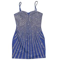 a blue dress with silver beads on it