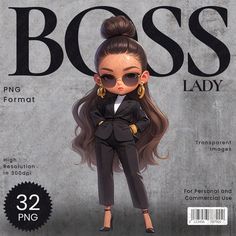 the front cover of boss lady magazine with an illustration of a woman in a suit and sunglasses