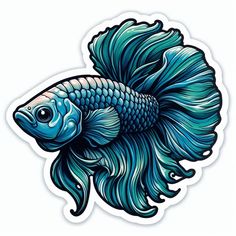 a blue fish with long hair on it's head and tail, in the shape of a sticker