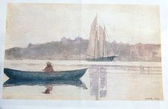 a painting of a man in a boat on the water with a sailboat behind him