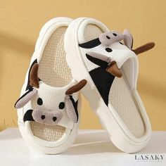 Lasaky - Cute Cartoon Cow Slippers with Thick Soles for Home, Anti-slip for Couples - Unisex Slippers Cartoon Slide, Cow Slippers, Linen Slippers, Pyjama Satin, Cartoon Cow, Sac Lunch, Comfortable Slippers, Slide Slippers, Milk Cow