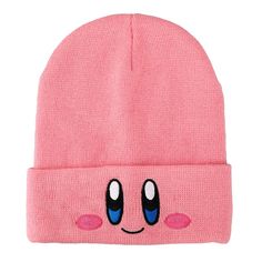 a pink beanie with blue eyes on it