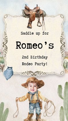 a birthday card with an image of a little boy in cowboy gear and holding a lasso