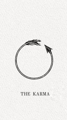 the karma logo with an arrow drawn on it's center circle, in black and white