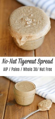 no - nut tigernut spread in a small glass jar with a spoon next to it