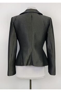 This polished blazer has a metallic houndstooth print. Made in a tailored silhouette, this chic garment can be worn for day to night. Size 10 (IT 46) 48% acetate,18% acrylic, 18% wool, 16% polyester Made in Italy Collared Button down front Side pockets Lined Padded shoulders Houndstooth print Bust 38" Waist 32" Shoulder to hem 24.5" Structured Blazer For Evening In Fall, Structured Blazer For Evening And Fall, Elegant Fitted Houndstooth Blazer, Elegant Black Houndstooth Blazer, Structured Outerwear For Fall Party, Houndstooth Blazer, Armani Collezioni, Women's Blazer, Bell Sleeve Top