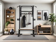 a home gym with an exercise station and various items