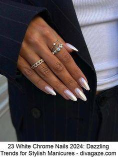 Discover the top 23 white chrome nails for 2024, from milky hues to iridescent finishes. Explore our curated selection of sophisticated almond, elegant coffin, and chic short square designs. Embrace the latest nail trends that blend timeless elegance with modern twists for your most stylish year yet. Perfect for fashion-forward individuals looking to make a statement with their manicure. Get inspired with our guide to the must-have white chrome n Milky Almond Nails, Milky White Chrome Nails, Prom Nails Ideas, Nails Milky White, White Chrome Nails, Chrome Nail Art, Latest Nail Trends, Nude Nail, Nude Nail Designs