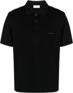 Designer Cotton Polo Shirt With Short Sleeves, Designer Black Cotton Polo Shirt, Classic Black Cotton Polo Shirt, Black Cotton Polo Shirt, Designer Collared Polo Shirt With Logo, Classic Collared Polo Shirt With Logo, Black Cotton Polo Shirt With Polo Collar, Designer Cotton Collared T-shirt, Black Designer Polo Shirt With Collared Neckline