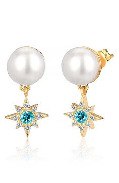 Aquamarine-colored cubic-zirconia crystals center the starburst-shaped drops that dangle off 14-karat gold-plated earrings elevated by synthetic pearls. Sterling silver/14k-gold plate/cubic zirconia/synthetic pearl Made in Turkey Aquamarine Colour, Cubic Zirconia Earrings, Zirconia Earrings, Gold Plated Earrings, Jewelry Trends, Aquamarine, Cubic Zirconia, Pearl Earrings, Blossom