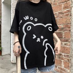 Color: Black, Size: L Cartoon Summer, Kawaii Sweater, Casual Summer Shorts, Girl T Shirt, Bear T Shirt, Loose Tops, College Fashion, Cute Tshirts, Soft Girl