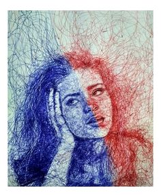 an artistic drawing of two women with red and blue hair, one is looking at the other