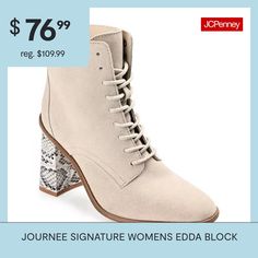 Versatile but bold booties you can fall back on season round, the Edda by Journee Signature. This lace-up combat style booties are crafted with genuine leather uppers and a 4 mm tru comfort foam footbed for the perfect fit. An almond-toe and a snake-printed covered block heel add a fresh look to the design. Features: ComfortClosure Type: Lace-UpFootwear Technology: Memory Foam InsoleShaft Circumference: 10 InchesBoot Shaft Height: 4 1/2 InchesShoe Heel Height: 3 1/2 InchesUpper/Outer Base Mater… High Heel Lace-up Boots For Spring Workwear, Spring High Heel Lace-up Work Boots, Durable Lace-up Boots For Spring Workwear, Spring Workwear Lace-up Boots With Reinforced Heel, Ankle-high Lace-up Boots For Spring Workwear, Combat Style, Fall Back, Fresh Look, Snake Print