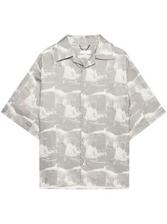 light grey all-over graphic print logo print to the rear spread collar front button fastening short sleeves straight hem Modern Short Sleeve Shirt With Graphic Print, Modern Short Sleeve Graphic Print Shirt, Modern Short Sleeve Graphic Shirt, Gray Short Sleeve Shirt With Graphic Print, Grey Tones, Printed Bags, Shirt Sale, Print Logo, Easy Wear