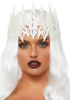 White foam and glitter paper die cut crown with "crystal jewels" details.  One size fits most adults and teens. Ice Queen Costume, Leg Avenue Costumes, Crown Hat, Queen Costume, Costume Themes, White Queen, Costume Collection, Leg Avenue, Ice Queen