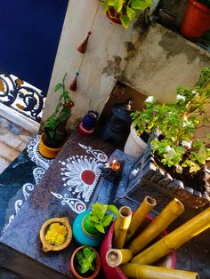 various pots and plants on a table outside