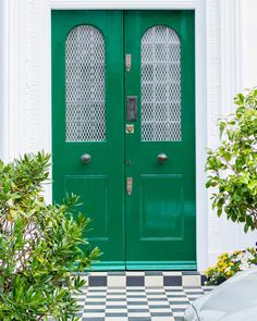 a green door with two glass panels on the top and bottom, surrounded by potted plants