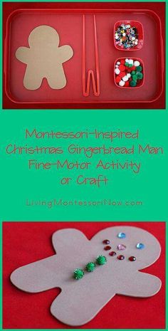 the gingerbread man is made from paper and beaded with beads on it, next to an activity tray