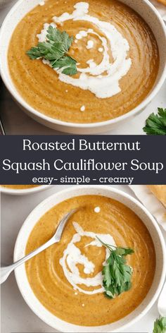 Cozy up this season with a bowl of roasted butternut squash cauliflower soup! This easy recipe uses just 9 simple ingredients.